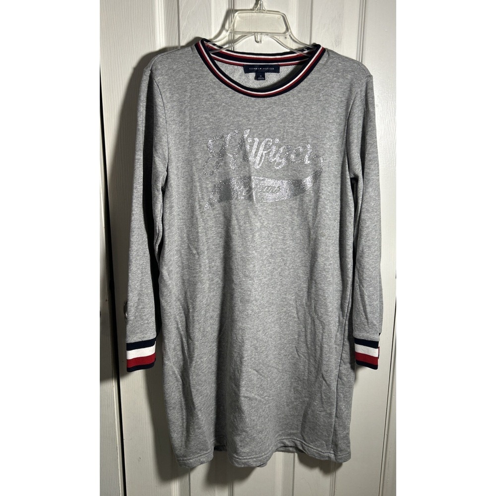 Tommy Hilfiger Women's Sparkle Script Logo Sweatshirt Dress Gray‎ Long Sleeve M